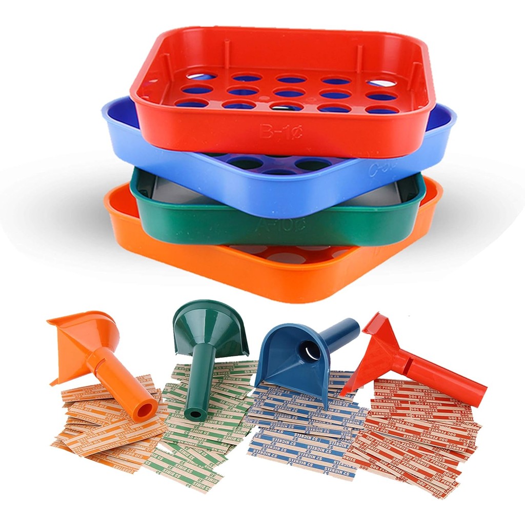 

Coin Counters Tubes & 4 Color-Coded Coin Sorters Tray，Bundle with 100-Count Assorted Coin Roll Wrappers Paper for US Coins