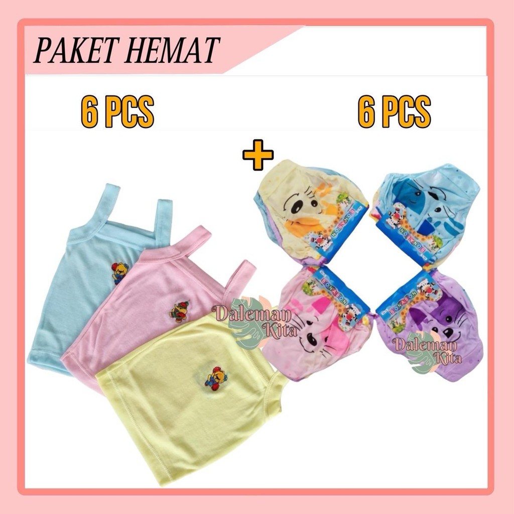 PAKET HEMAT 6pcs singlet enji Soft + 6pcs CD motif timbul | setelan pakaian dalam anak perempuan mur