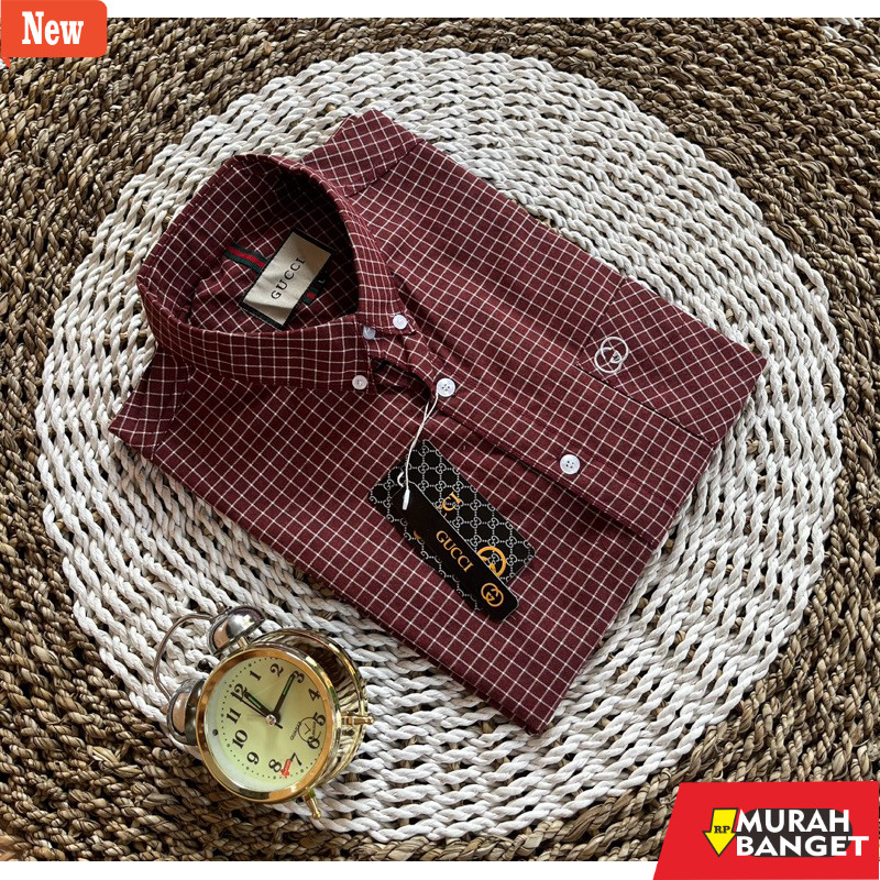 kemeja kotak kotak cowok Kemeja Lengan Pendek Kotak Salur Garis Gucci Original  Pria | Kemeja Kerah 