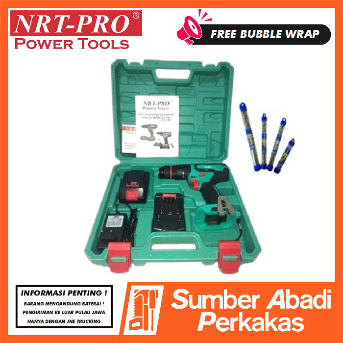 NRT-PRO DC 343 HD Mesin Bor Cordless Drill Set Paket Baterai Batre Tangan Beton Impact Tembok Charge