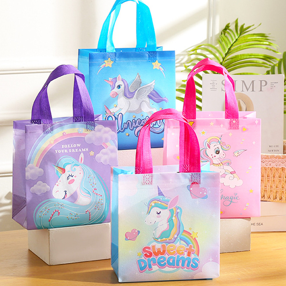 

4Pcs Unicorn Gift Bags Nonwoven Rainbow Pink Gift Packing Bags Candy Pouch for Girls Unicorn Birthday Party Decoration Packaging