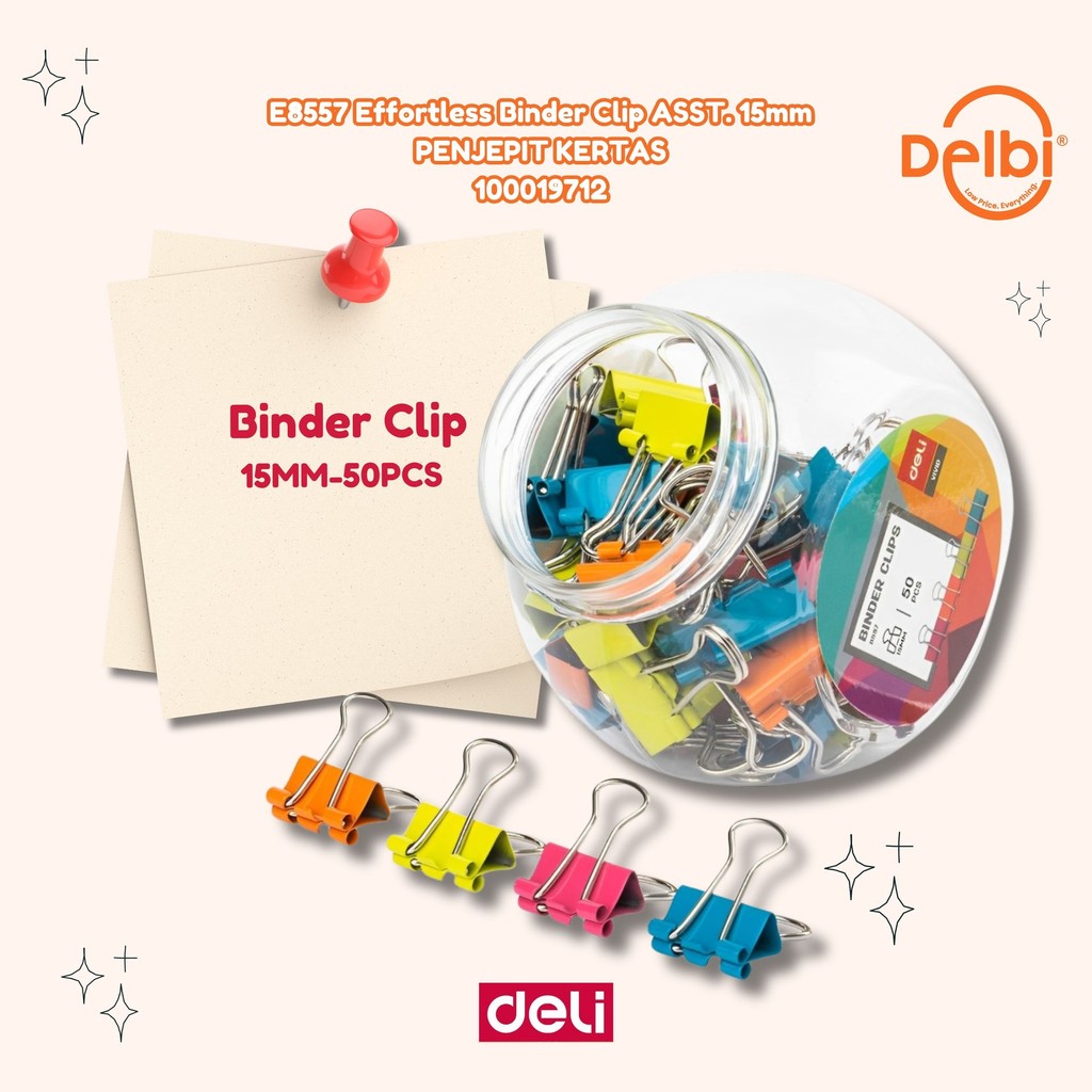 

Deli Colorful Binder Clip / Klip Binder Warna-warni E8557 Effortless Binder Clip ASST. 15mm PENJEPIT KERTAS BX24