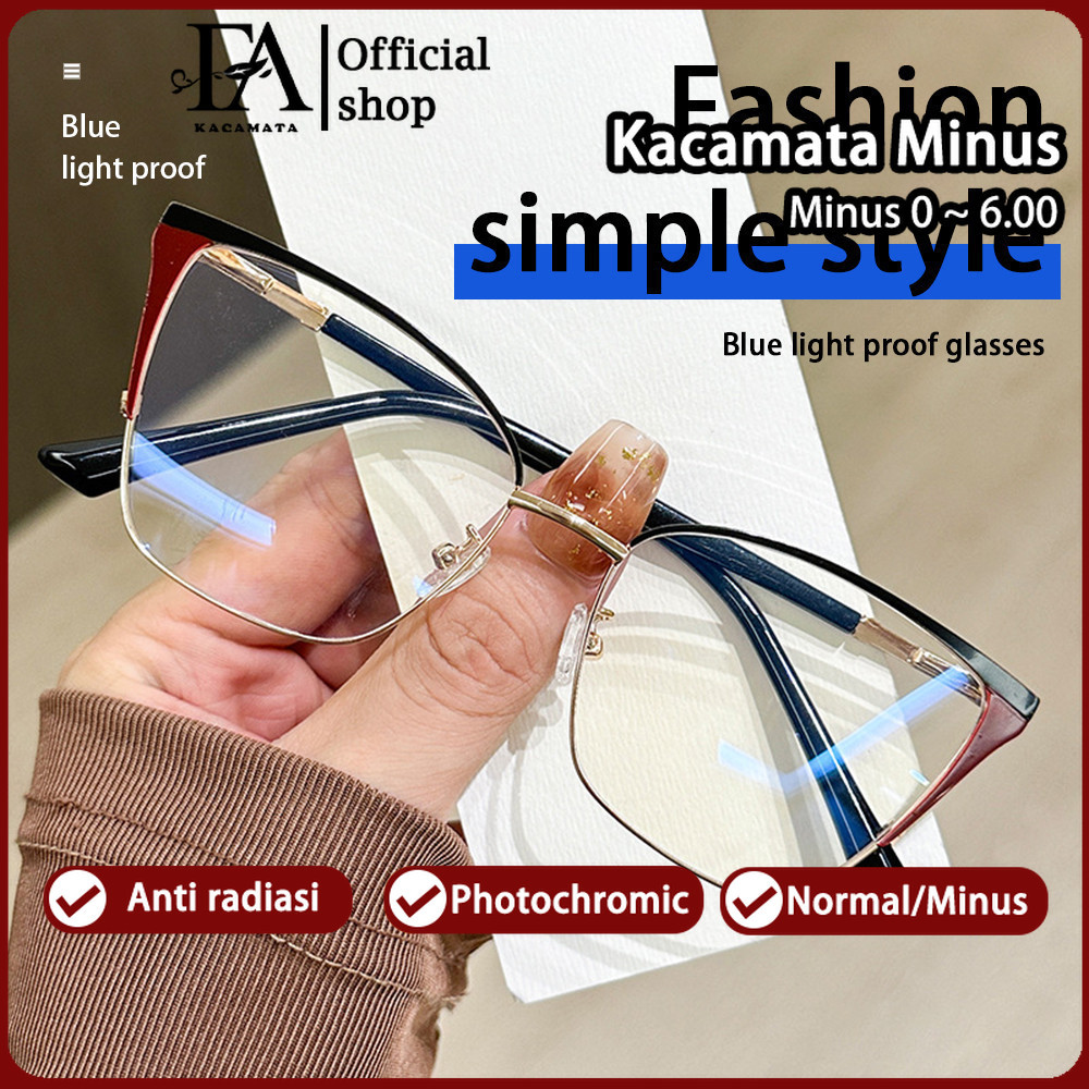 FOMAMATA Kacamata Photocromic Minus Wanita Cat Eye Bluecromic Anti Blueray Kaca Mata Optik Silinder