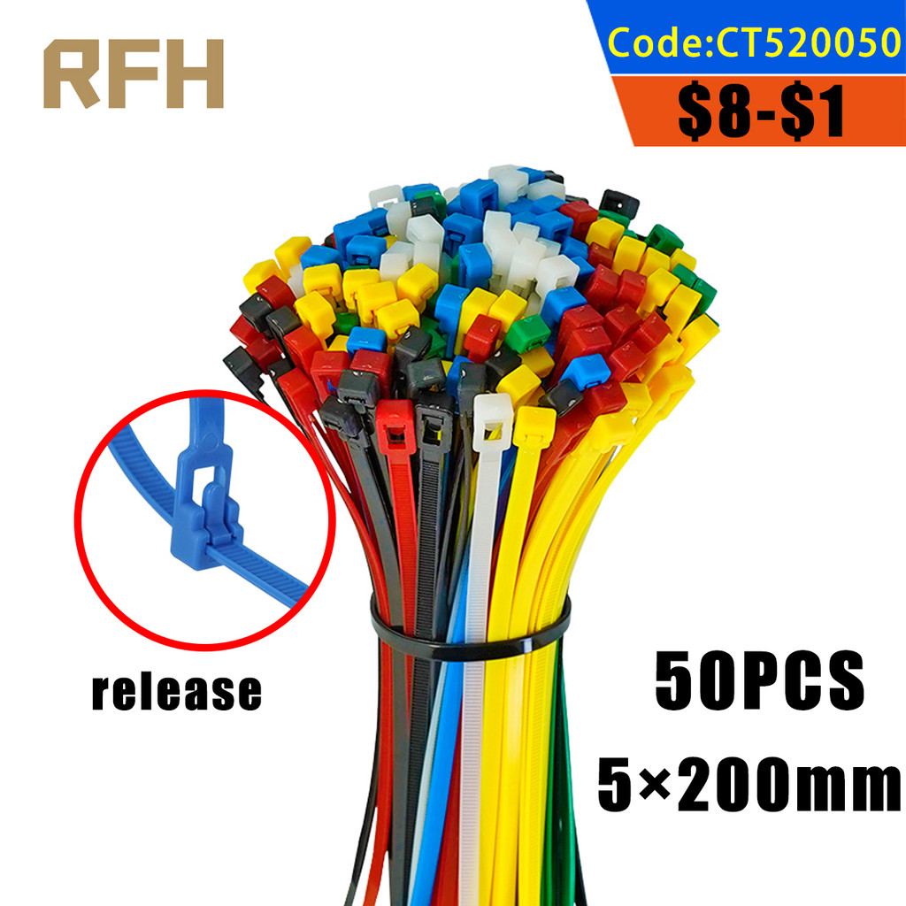 

50PCS 5×200MM Releasable Cable Tie Colored Plastics Reusable Cable Ties Loop Wrap Nylon Zip Ties Bundle Ties