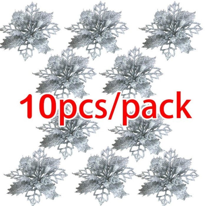 

10pcs Ornamen Bunga Buatan Aksen Glitter Untuk Dekorasi Pohon Natal - Silver