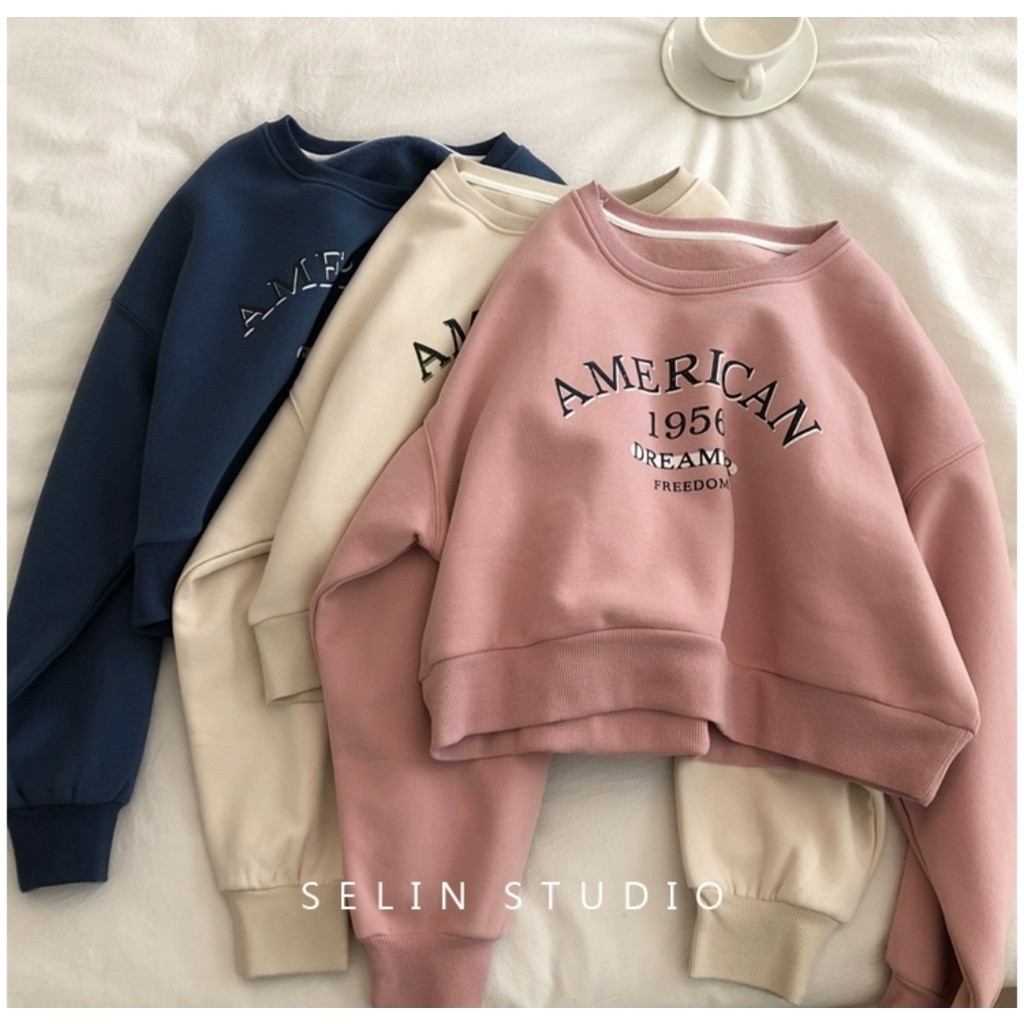 American Sweater Crop Premium Wanita Kekinian Fashion Sweter Outfit Ootd Suiter Korean Style