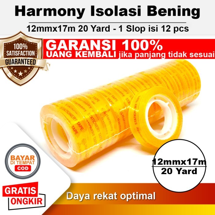 

1 Slop Isi 12 pcs - Selotip Sleman Jogja Harmony Stationary Tape 45u Isolasi Bening Solasi Kecil 12mmx17m 20 Yard