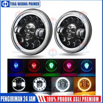 7-inch H4 Skull LED Headlight With DRL Hi/Lo Beam Lampu Daymaker 7 inch 12 LED Model Tengkorak 75 WA