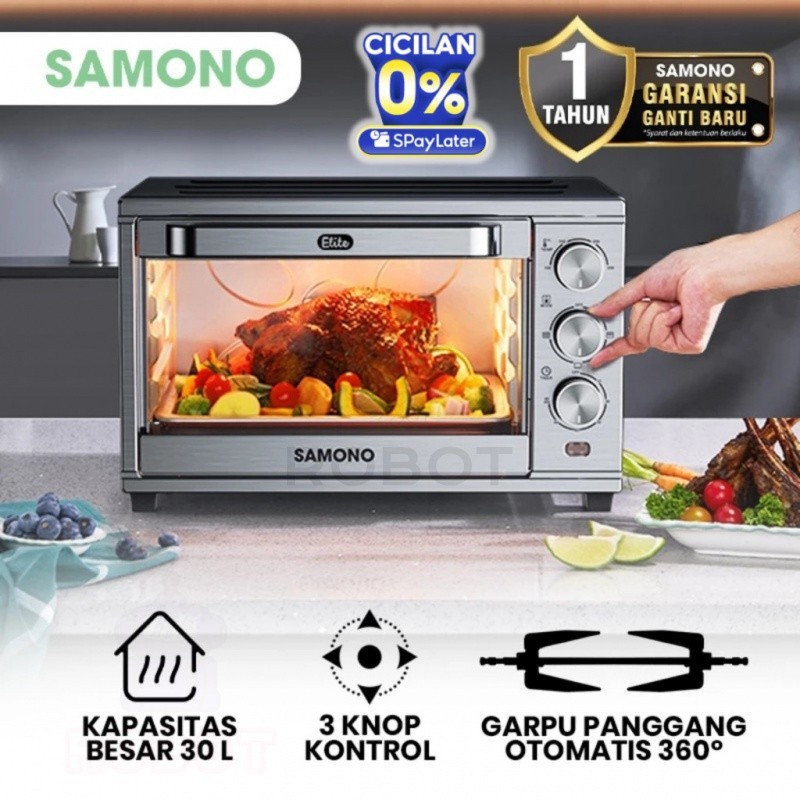 SAMONO Oven Listrik 30L Low Watt Pemanasan Atas Bawah Merata Oven Elektrik 3 Knob Suhu Timer 60 Meni