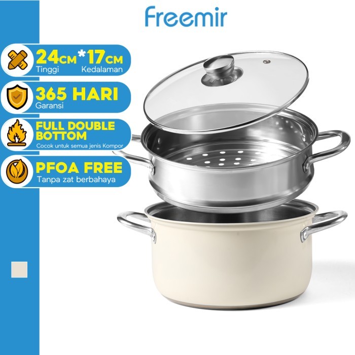 [BARU] freemir Panci Kukus 2 Susun 24CM Panci Stainless Steel Panci Anti Karat Anti Lengket Multifun