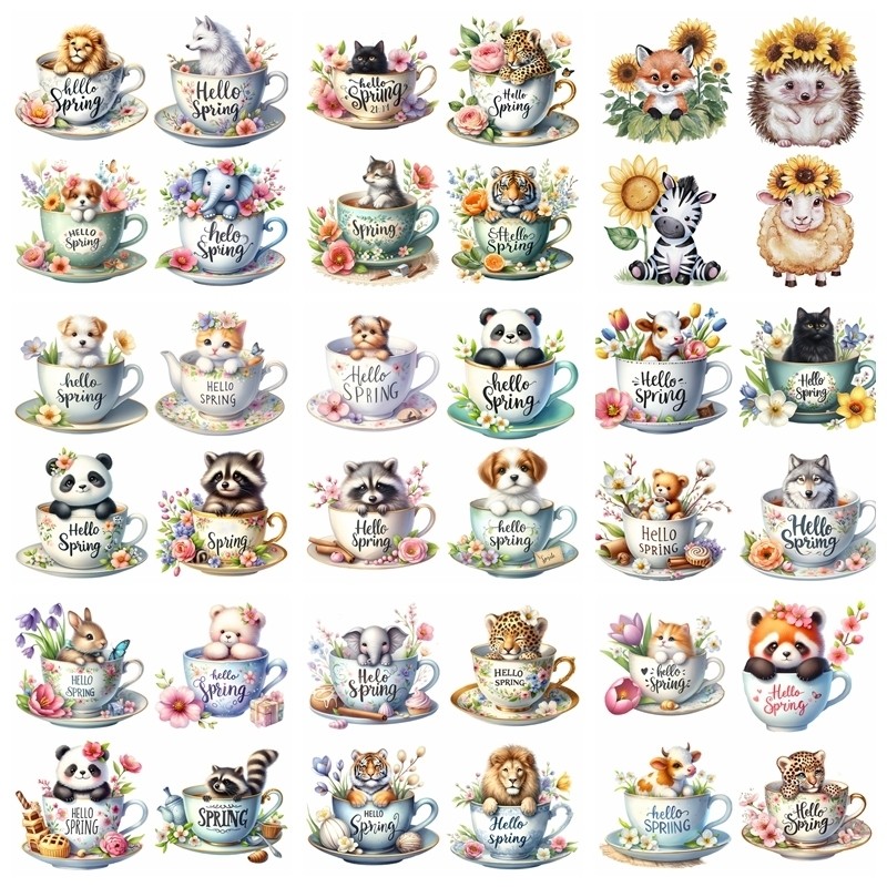 

14cm Kids cute Teacup animal Iron On Heat Transfer Sticker For Clothes Pinted Vinyl Thermal Appliques Washable T-Shirt Decal