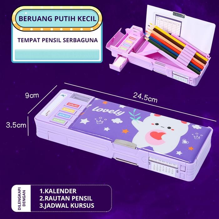 

New Arrival[PROMO] Kartun Beruang Pensil Case Tempat Pensil Multifungsi Motif Unicorn / Dinosaurus / Astronot Untuk Anak/Kotak alat tulis dua lapis - Beruang Ungu