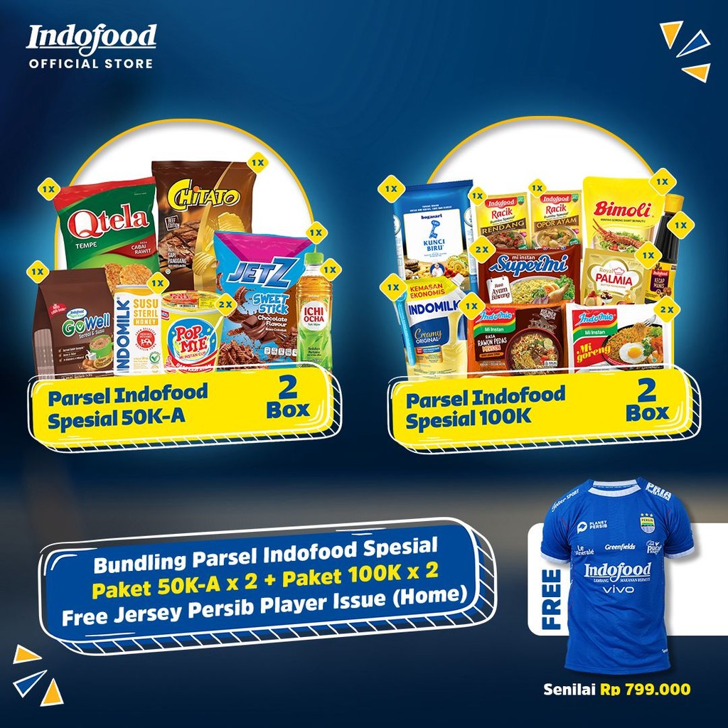 

Bundling Parsel Indofood Spesial Paket 50K-A (2 pcs) + Paket 100K (2 pcs) Free Jersey Persib Player Issue (Home Size XL)