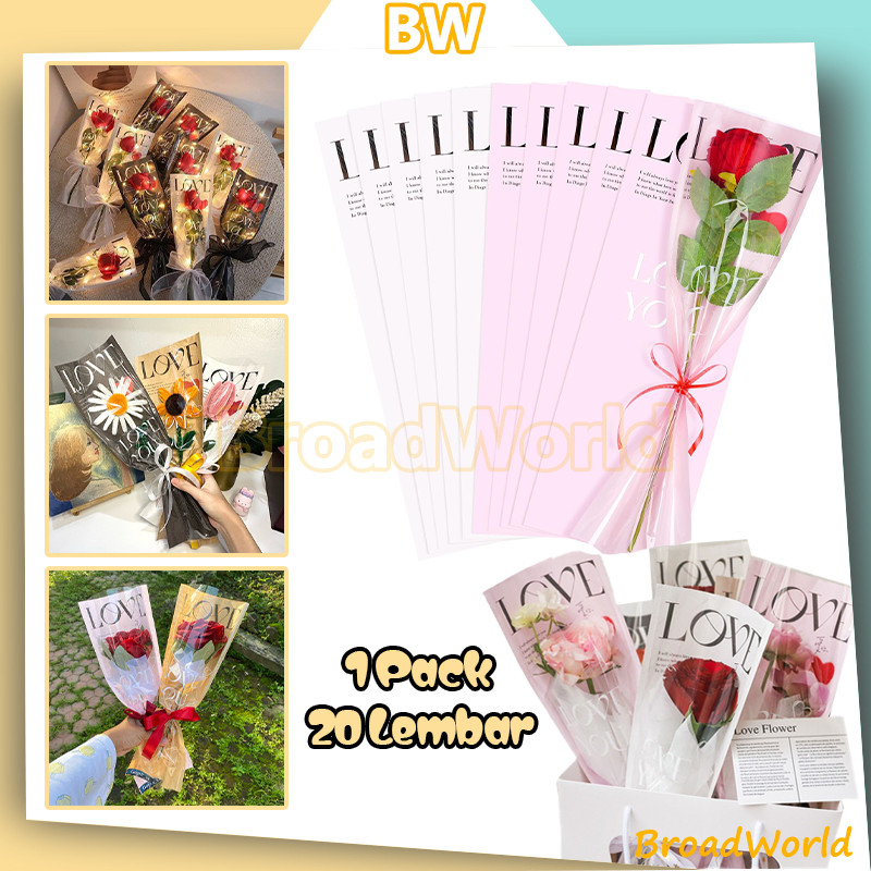 

BW 1 pack 20 lembar/Single flower wrapping motif love Kertas Bunga Single Waterproof Transparant
