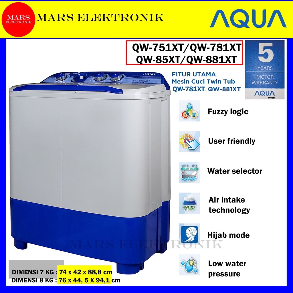 MESIN CUCI AQUA QW-751XT - QW-781XT - QW-881XT - 7 KG - 8 KG - QW 751 XT - QW 781 XT - QW 881 - READ