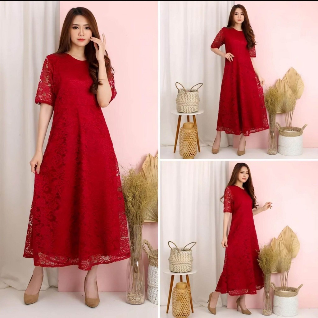 Long Dress Brukat Kondangan Gaun Pesta Mewah Natal Dress Elegant Dress Panjang Lengan Pendek Zh