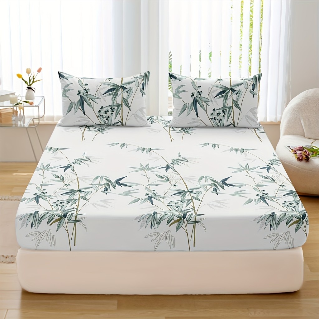 

3pcs Bamboo Leaf Print Fitted Sheet Set - Soft, Breathable, Comfortable, Hypoallergenic Bedding for Bedroom, Guest Room - 1 Fitt
