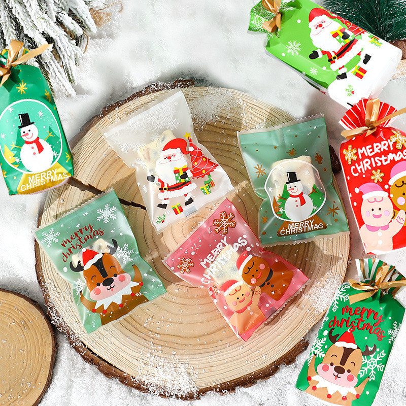 

100pcs Hot Seal Christmas Candy Cookie Bags Cartoon Nougat Baking Packaging Pounches Christmas Decorations 2025 New Year Gift