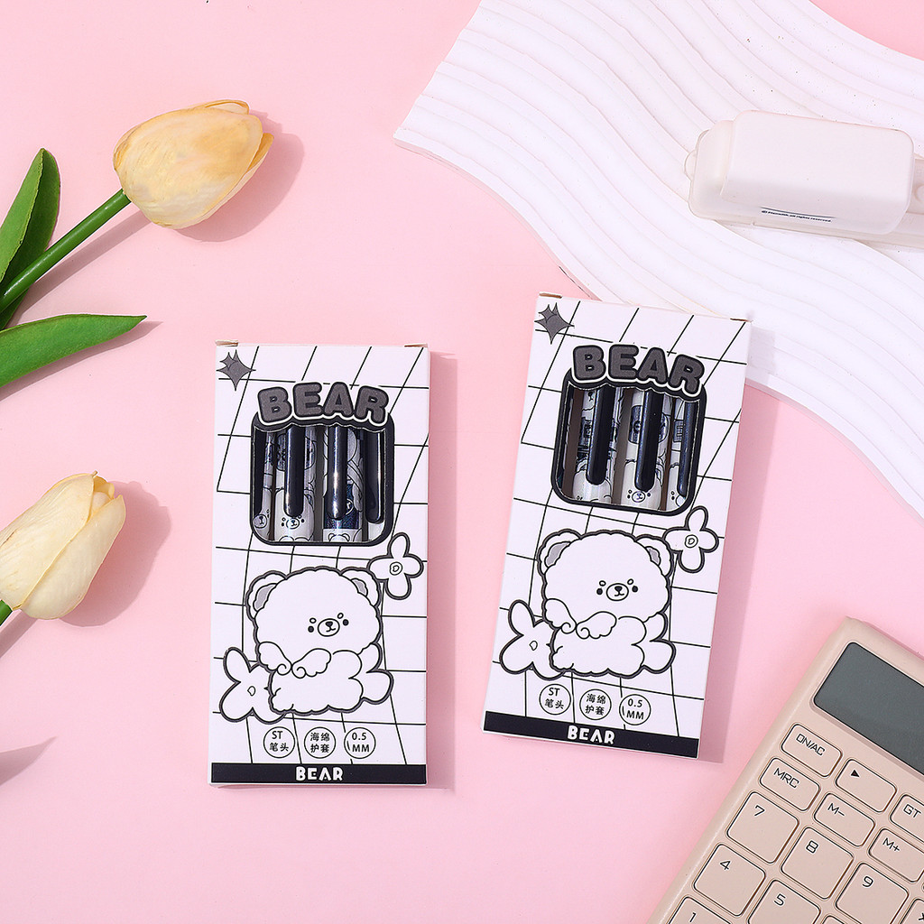 

✨AWC✨ PULPEN GEL 1 SET ISI 4 PCS DENGAN BANTALAN SUPER SOFT DAN LEMBUT TEMA MONOCHROME BEAR