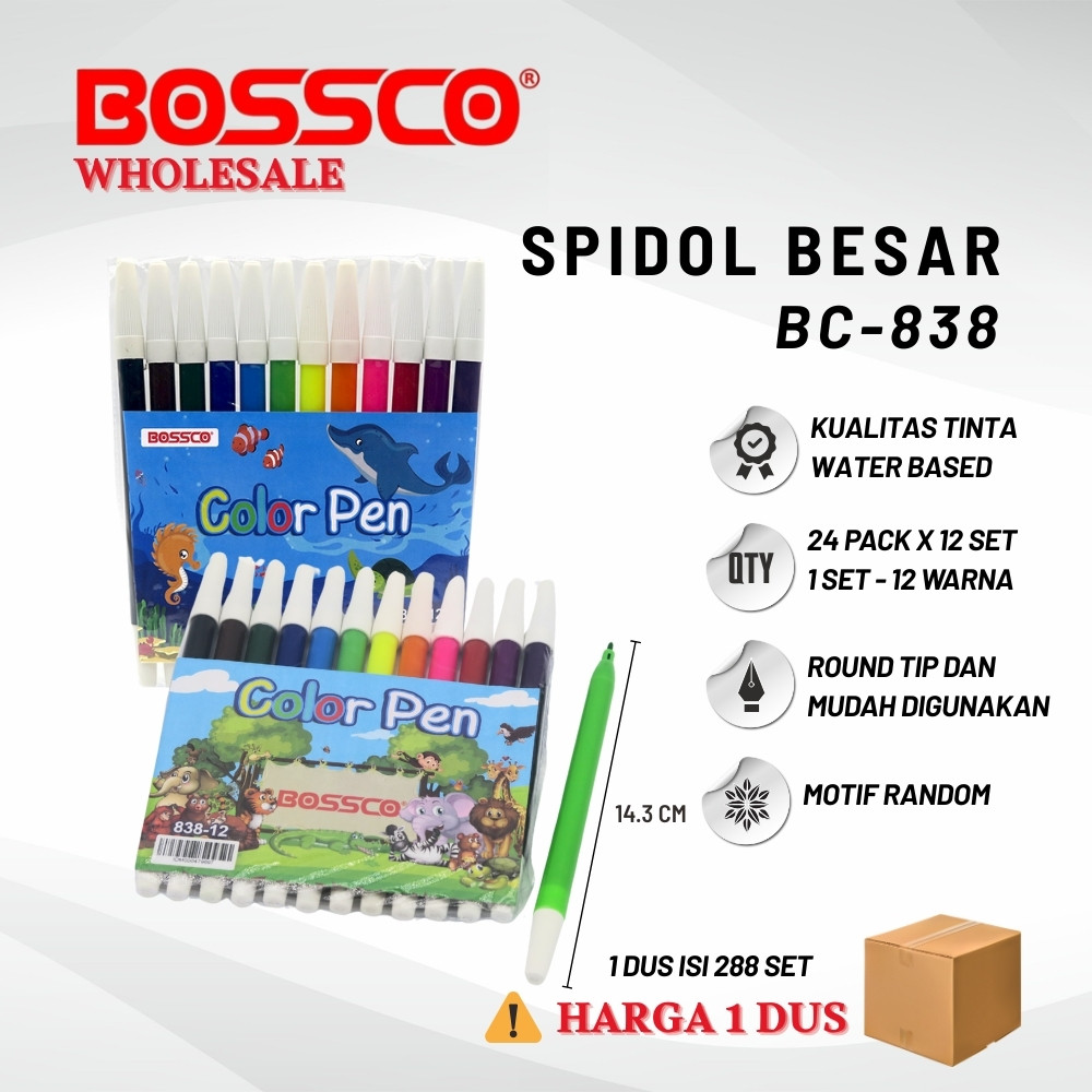 

GROSIR!!!! (1 DUS isi 3456 PCS) Spidol BOSSCO 12 WARNA BESAR 838/ Spidol 12 warna BOSSCO 838/ BOSSCO pw 12 warna BESAR