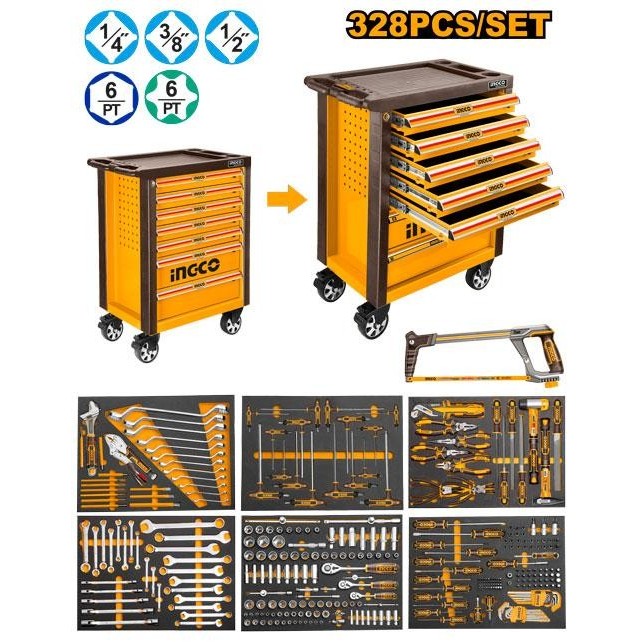 Ingco HTCS273281 Mechanic Tool Kit Chest Set 328 Pcs 7 Drawer Tool Trolley Storage