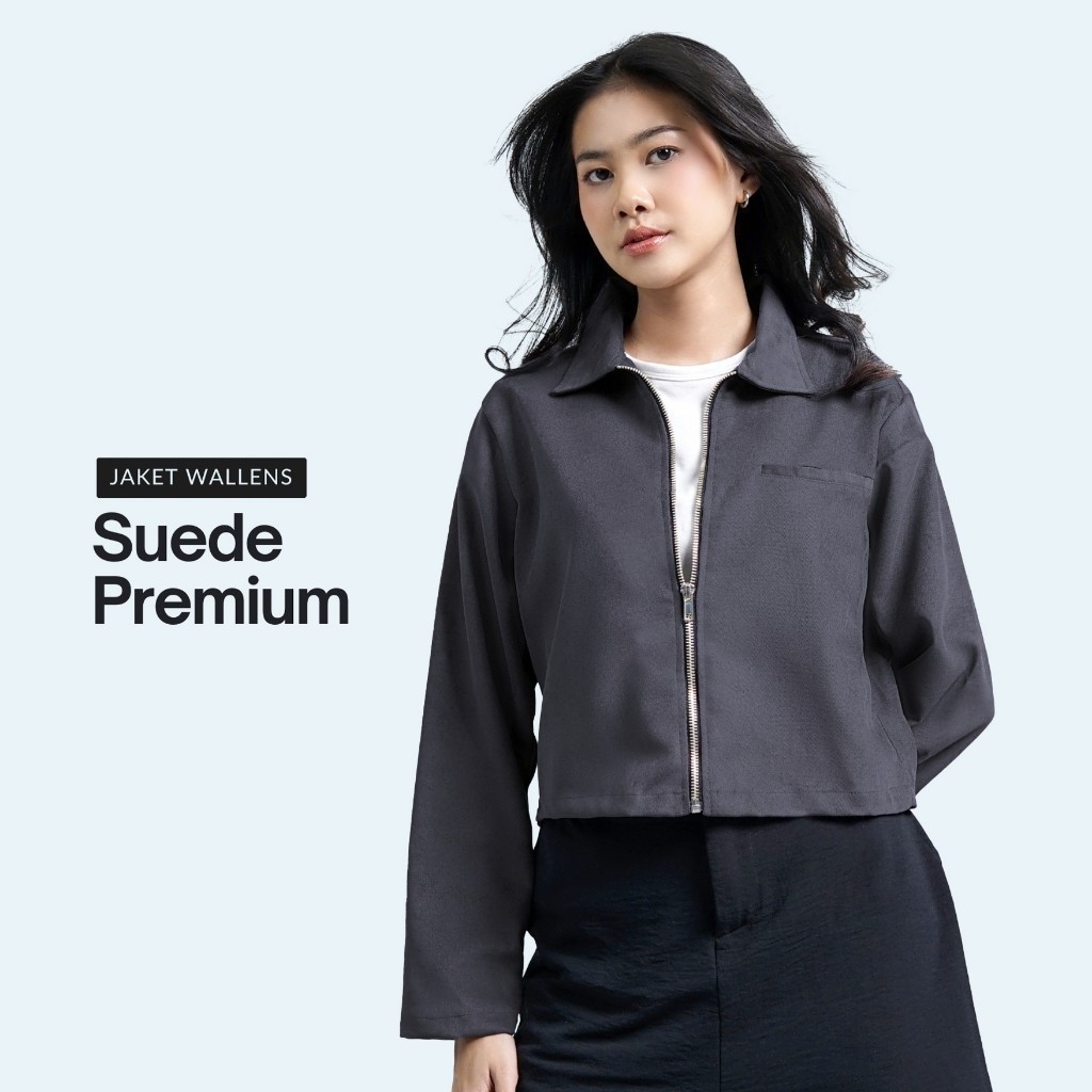 BELININE WALLENS Jaket Crop Wanita Lengan Panjang Full Zipper Bahan Suede Premium