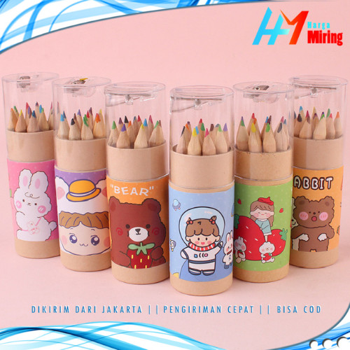 

HM Pensil Warna 12 IN 1 + Serutan Pensil Color Pencils Quality Pensil Warna Karakter Kemasan Tabung