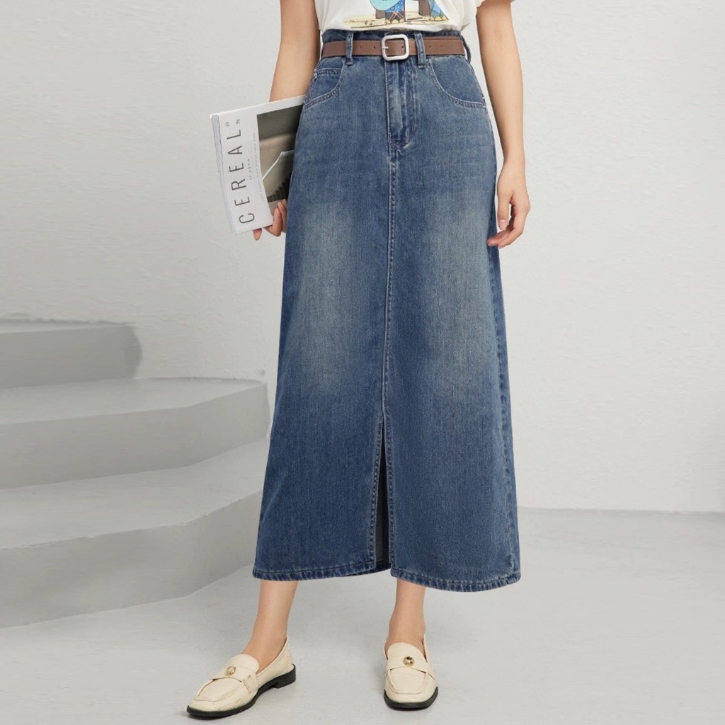 Forking Denim Skirt Women Mid-Length High Waisted Hip Wrap Skirt
