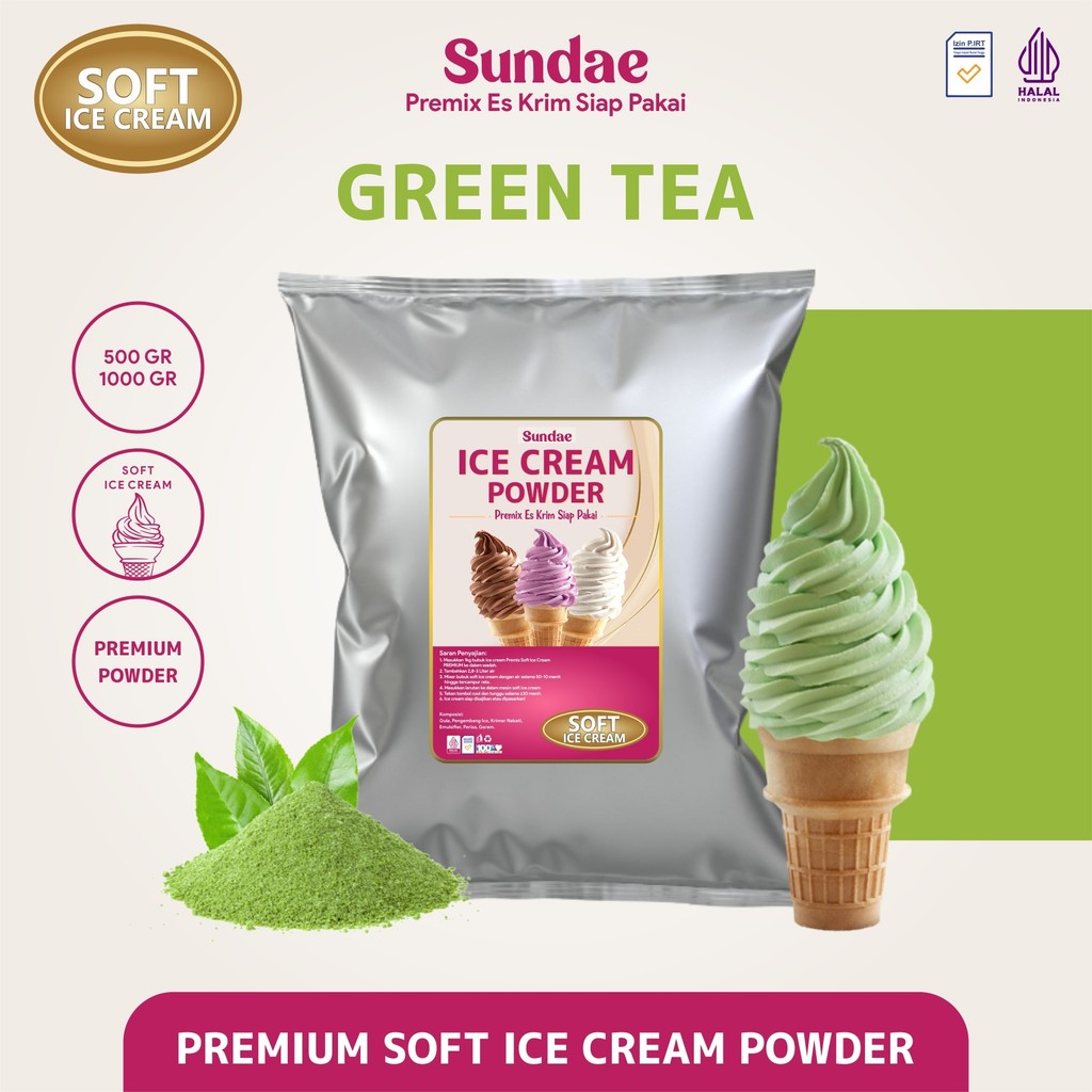 

Bubuk Es Krim Soft Ice Cream Powder Premium Rasa Green Tea Sundae Green Tea 500 gram / 1 kg
