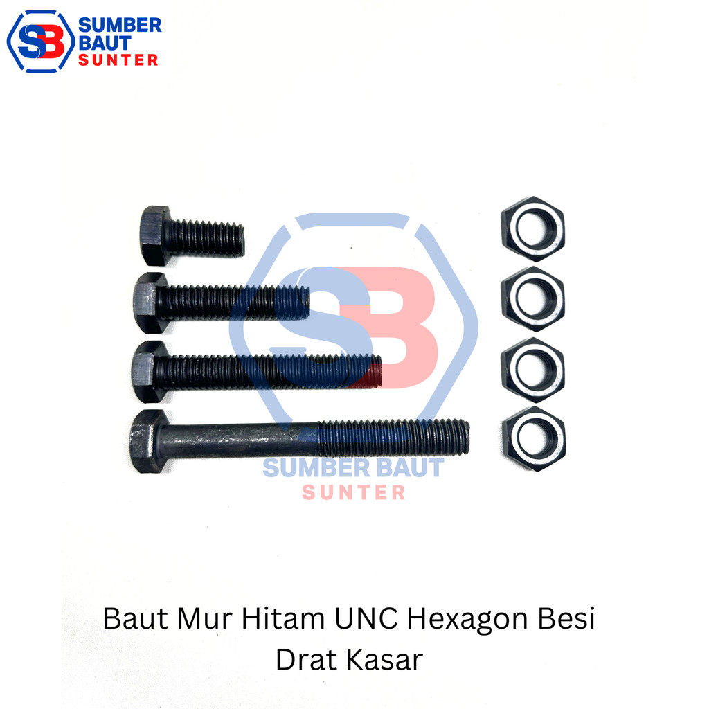 5/8" x 2" Baut Mur Hexagon Besi Hitam UNC Kunci 24 Drat Kasar