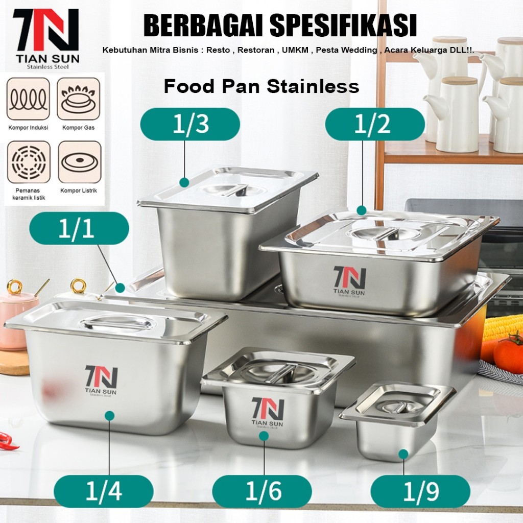 

New Tian sun Food pan Stainless Wadah (1/1 | 1/2 | 1/3 | 1/4 | 1/6 | 1/9) / Tempat Bumbu prasmanan wadahPremium