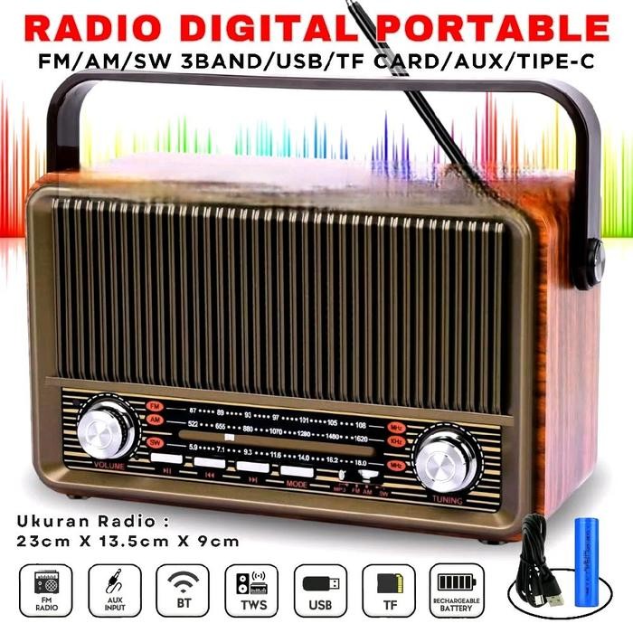TERLARIS speaker portable bluetotth FM RADIO F-510T FM/AM/SW wood design FM/kartu TF/USB FLECO ANTEN