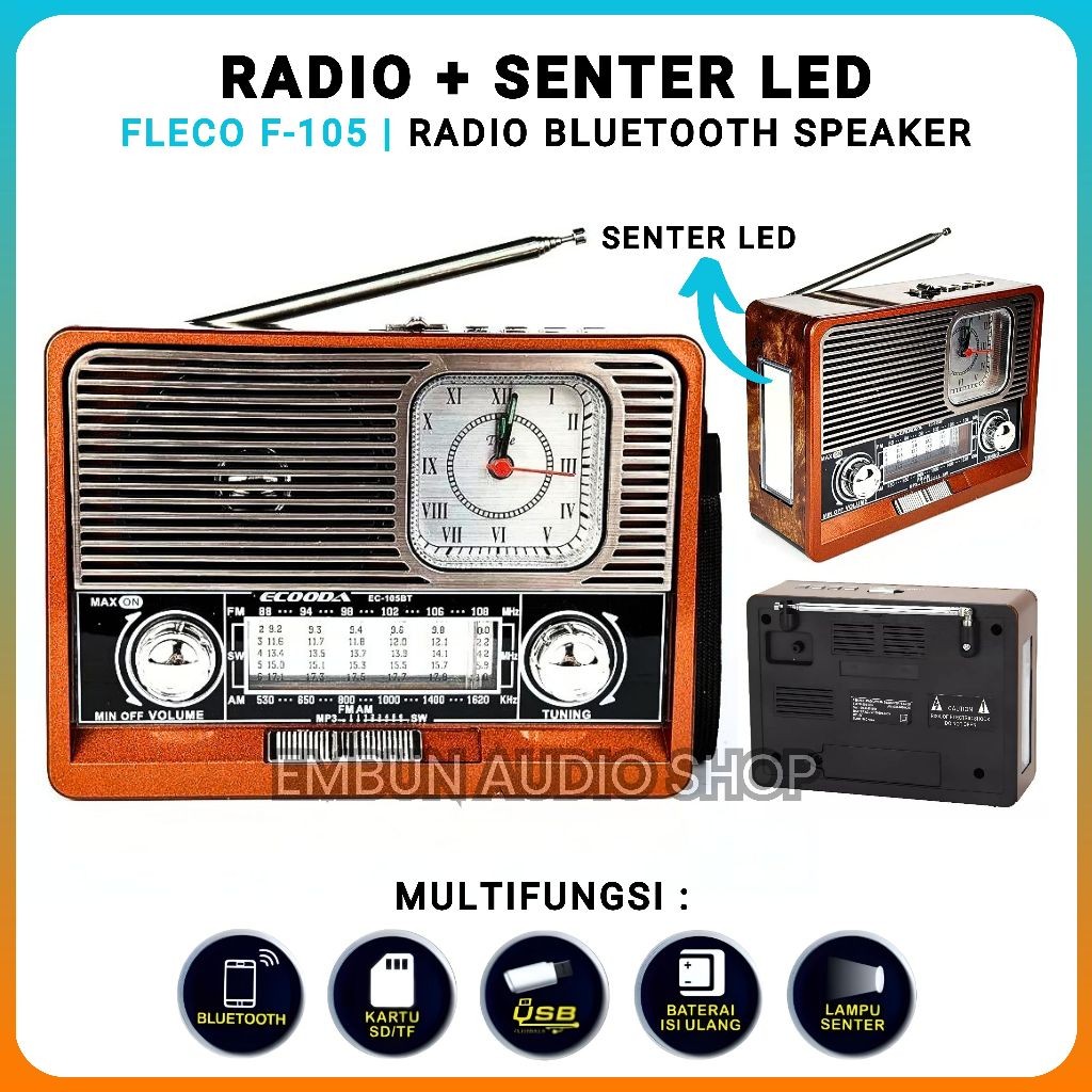 TERLARIS Radio Bluetooth Speaker Senter LED FLECO F-105 dengan Jam Analog | Radio Multifungsi FM/AM/