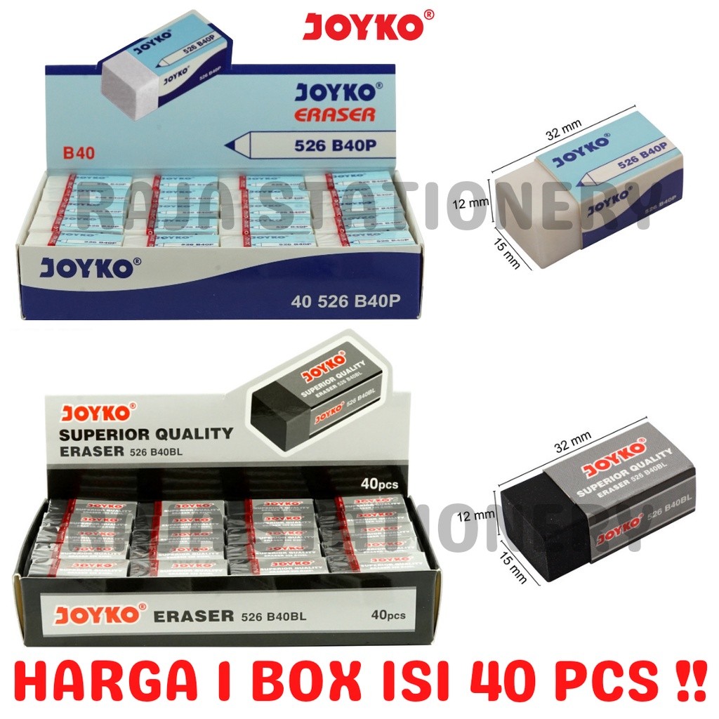 

New JOYKO ERASER PENGHAPUS JOYKO KECIL PUTIH HITAM ANAK DUST FREE 526 B40P B40BL B40 BERSIH 1 BOX [40PCS]Premium
