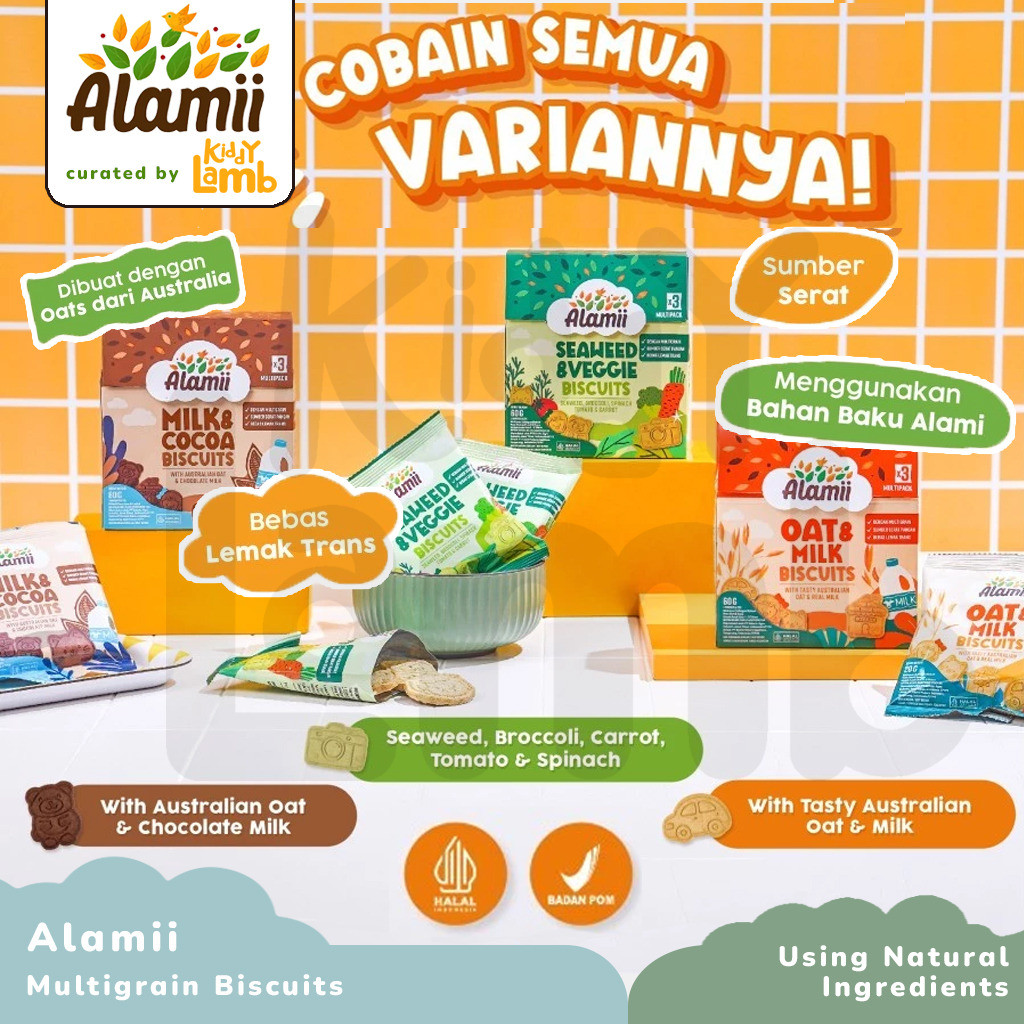 

Alamii Multigrain Biscuits 60gr / MPASI Snack Cemilan Camilan Sehat Bergizi Makanan Baby Food Anti GTM / Oat & Milk Seaweed & Veggie Milk & Cocoa - KIDDY LAMB