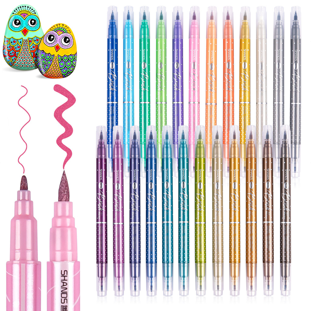 

6/12/24 Colors Metallic Paint Markers Pens Round/Brush Dual Tip Glitter Doodle Dazzle Drawing Pens for Easter Egg Stone Art Pen