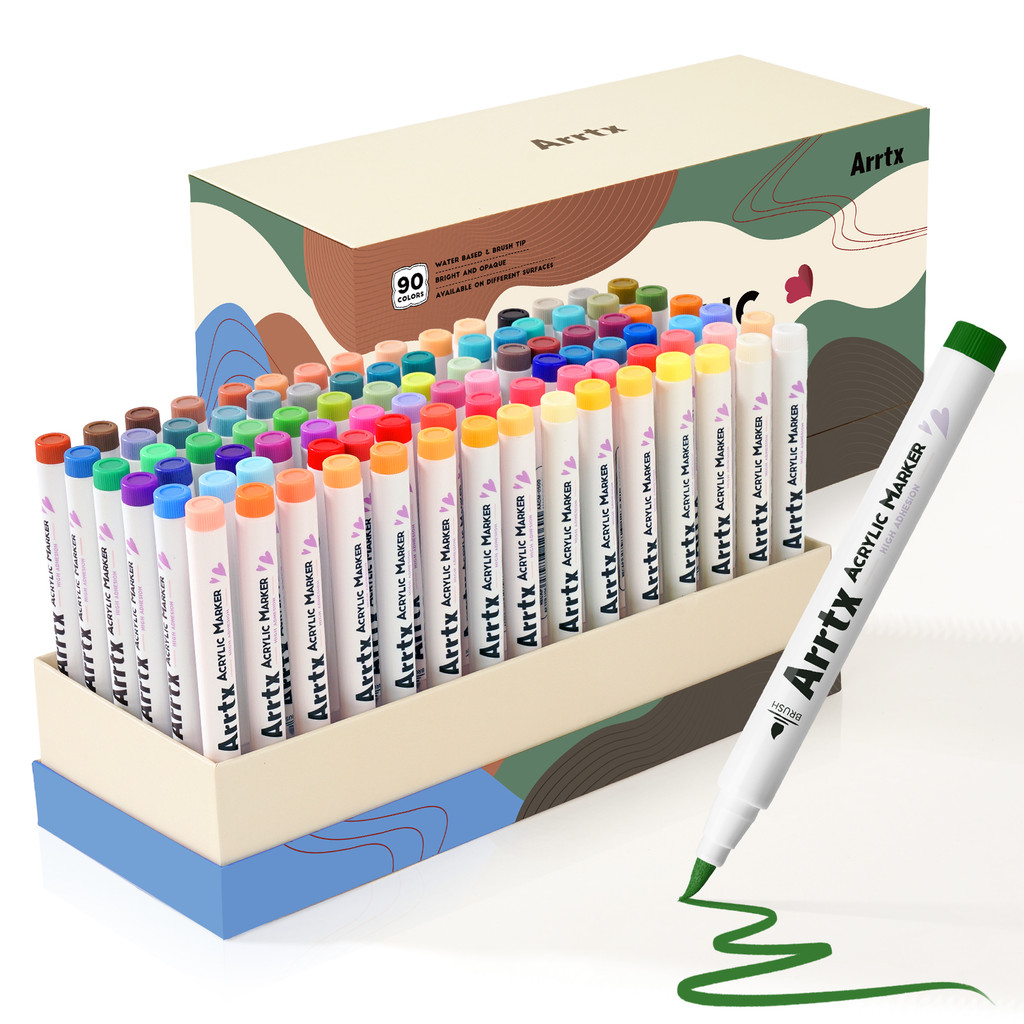

Arrtx 90 Colors Paint Markers Paint Pens, Acrylic Markers Brush Tip for Rock Painting, Wood, Canvas, DIY Crafts Making