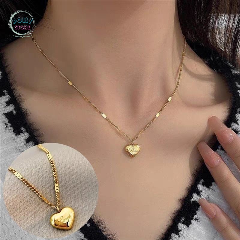 kalung titanium fashion love besar rantai gepeng Bisa Cod
