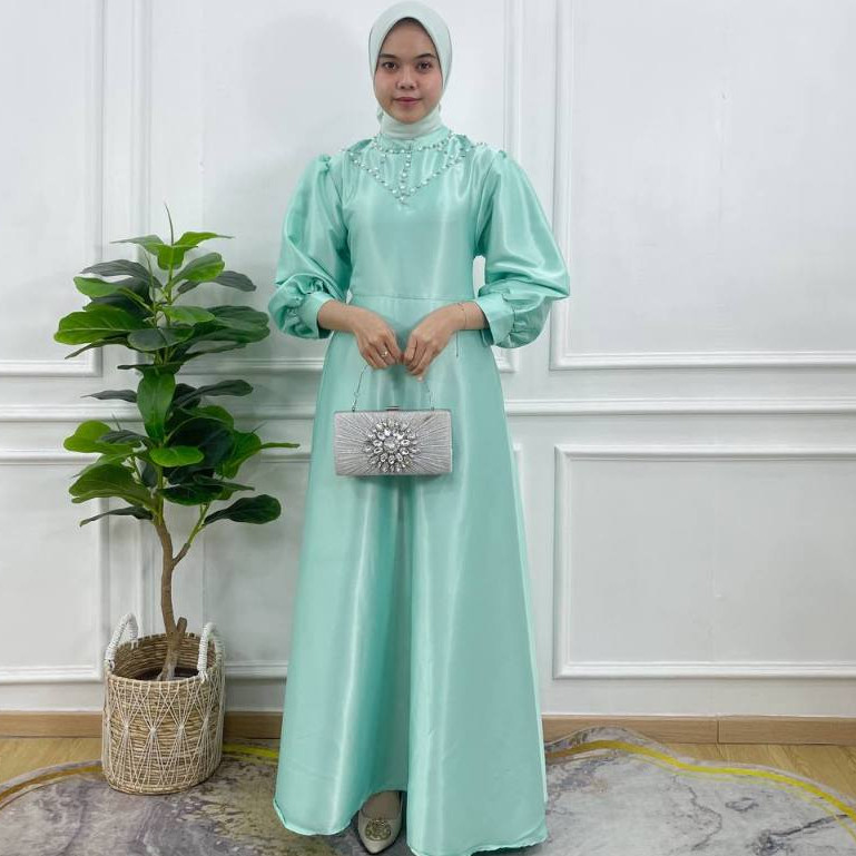 PRILLY BUSANA - Ayudia Dress Satin Mutiara - Dress Wanita Kondangan - Seragaman Pesta