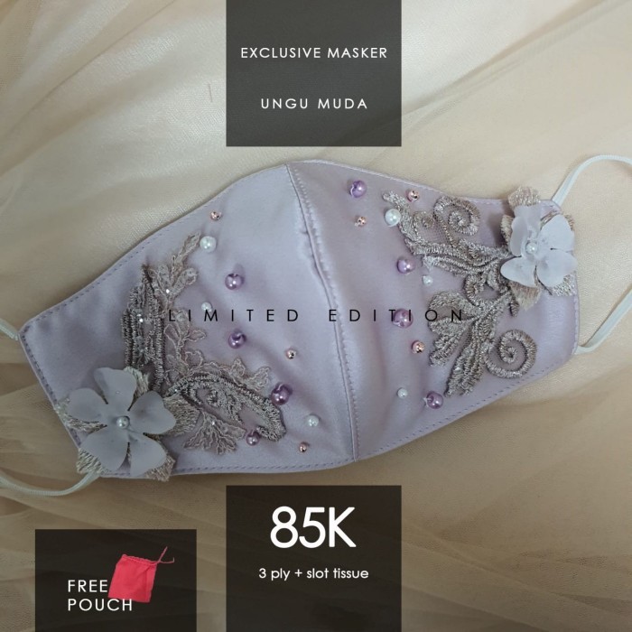 NEW -Masker Kain Brukat Premium 3ply..UNGU MUDA..Masker Fashion/Pesta