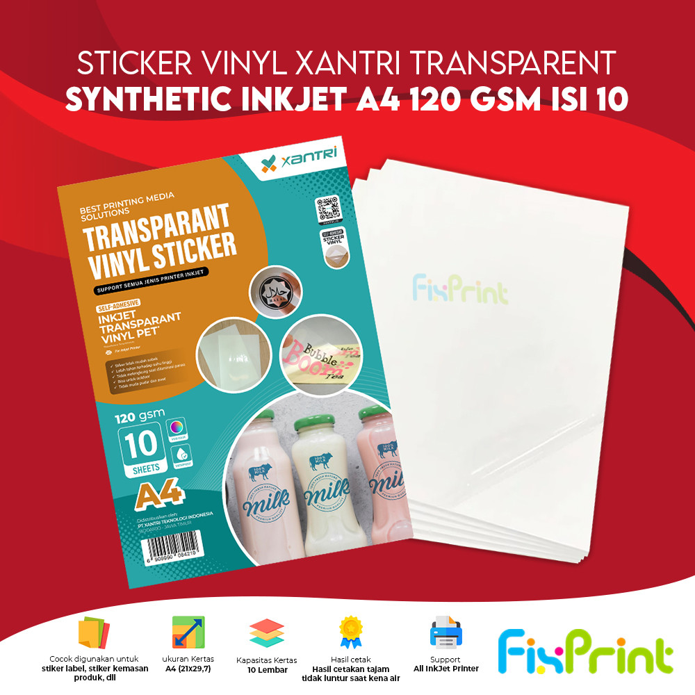 

Sticker Vinyl Xantri Synthetic Matte / Glossy / Transparent Transparan InkJet White A4 170gsm 120gsm Isi 10 / 20 Lembar