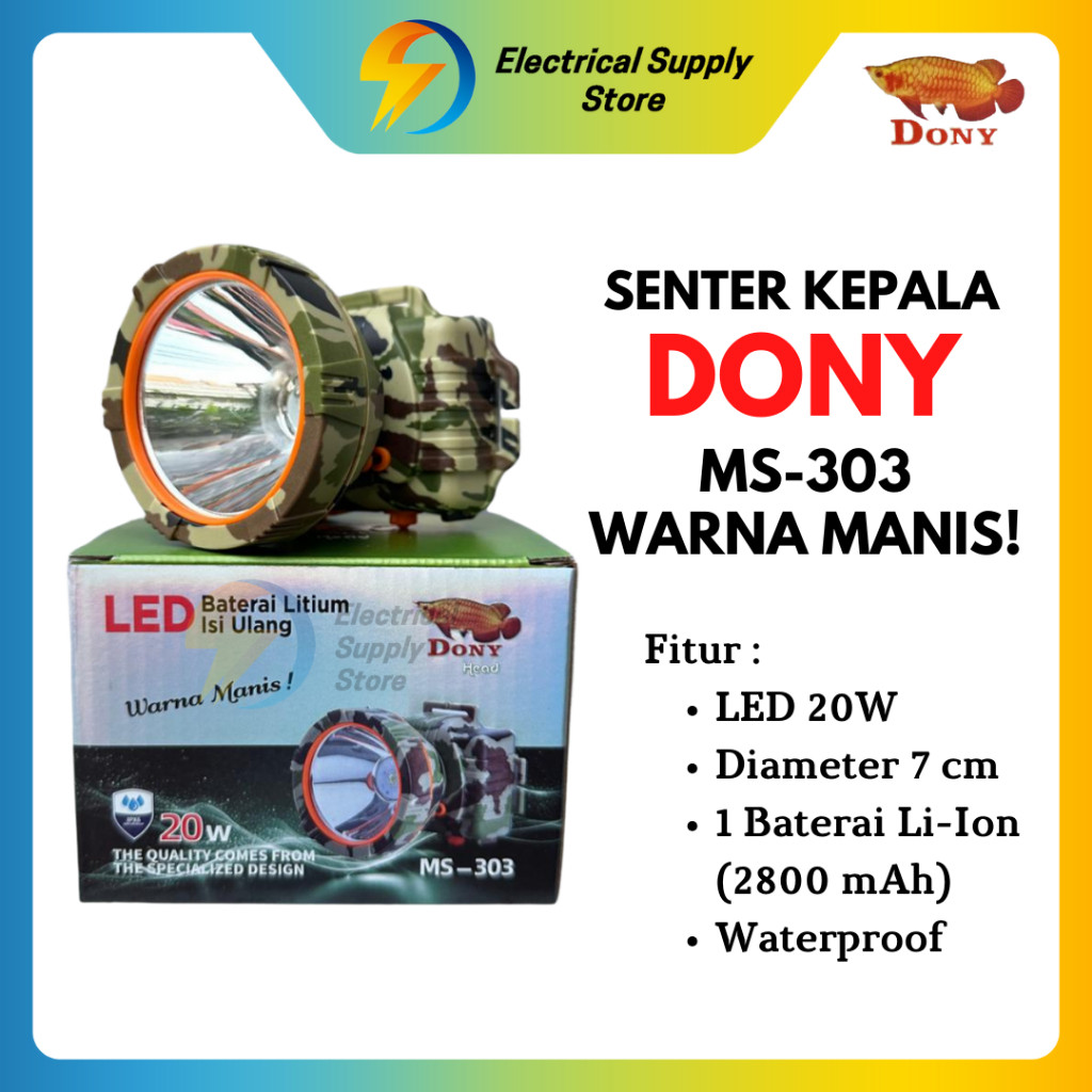 Senter Kepala Dony MS-303 Warna Manis Model Army | Led 20W | Super Terang | Cahaya Putih & Kuning