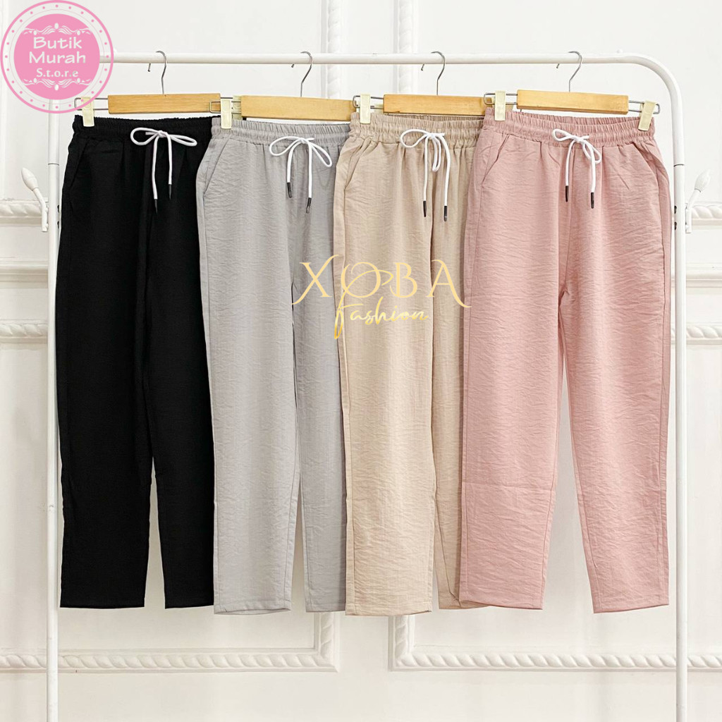 3559 Celana Baggy Pants Wanita Pinggang Full Karet Bahan Polo Linen 9233