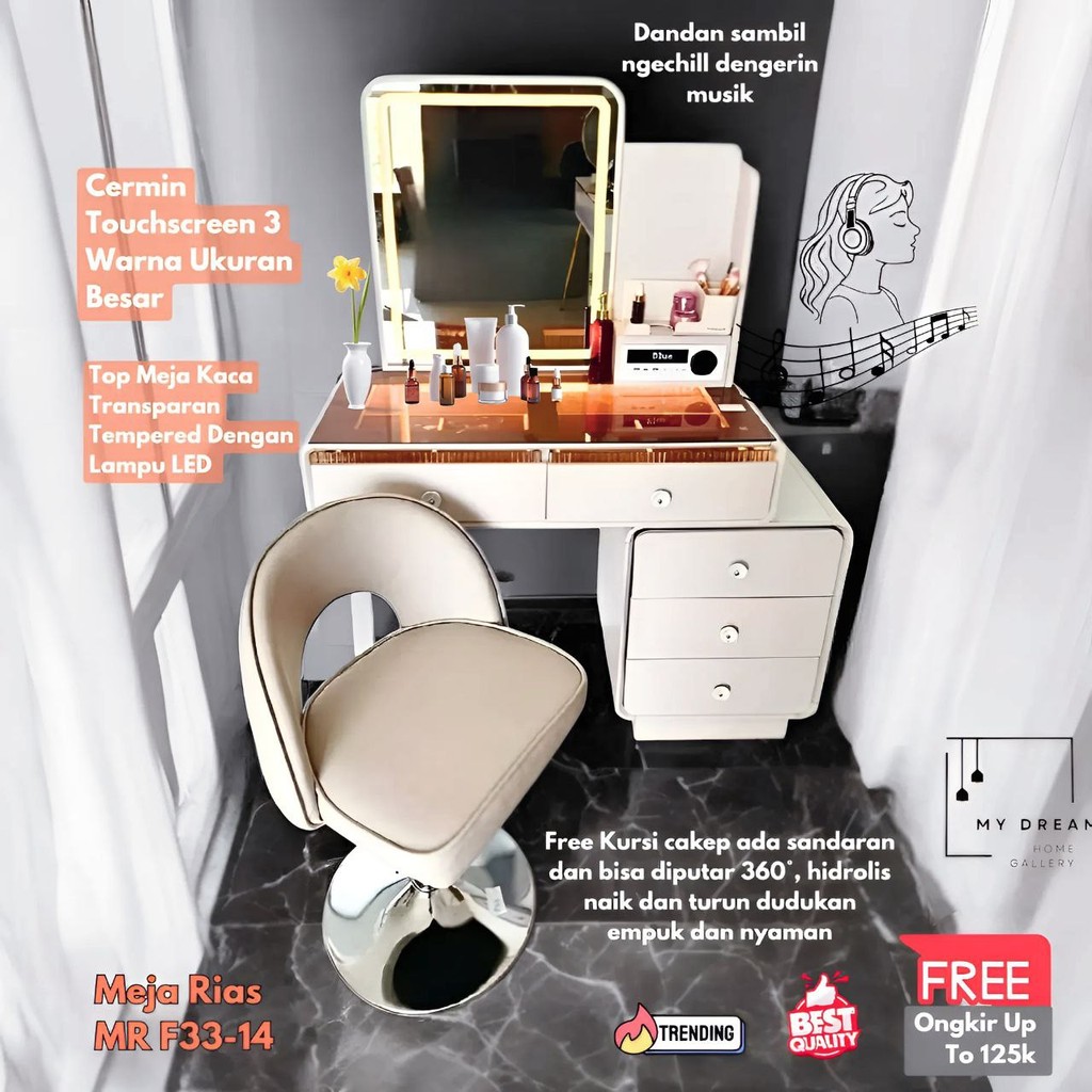 Meja Rias LED Touchscreen Import Type F33 | Meja Rias Smart Estetik Minimalis I Meja Make Up Import 