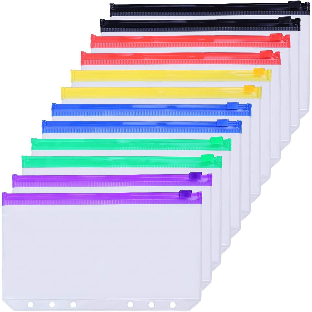 

A6 6-Hole Binder Pockets Waterproof PVC Cash Budget Envelopes Zipper Binder Pouches for Notebook Planner Journey Binders