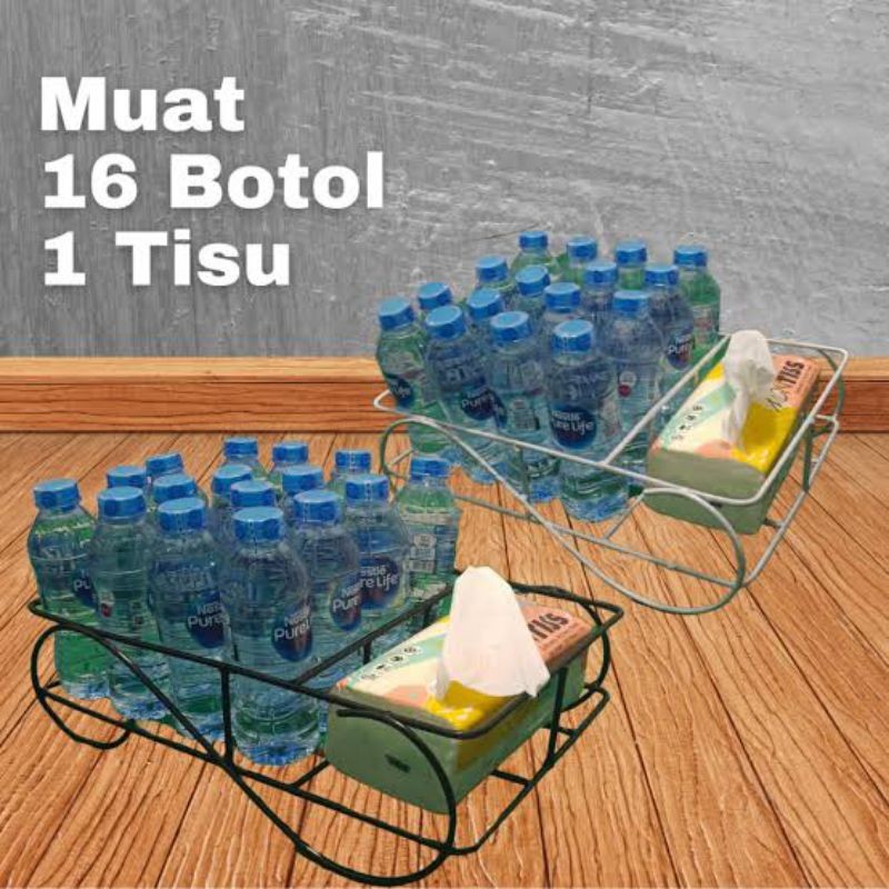 rak aqua gelas dan botol tempat tisu