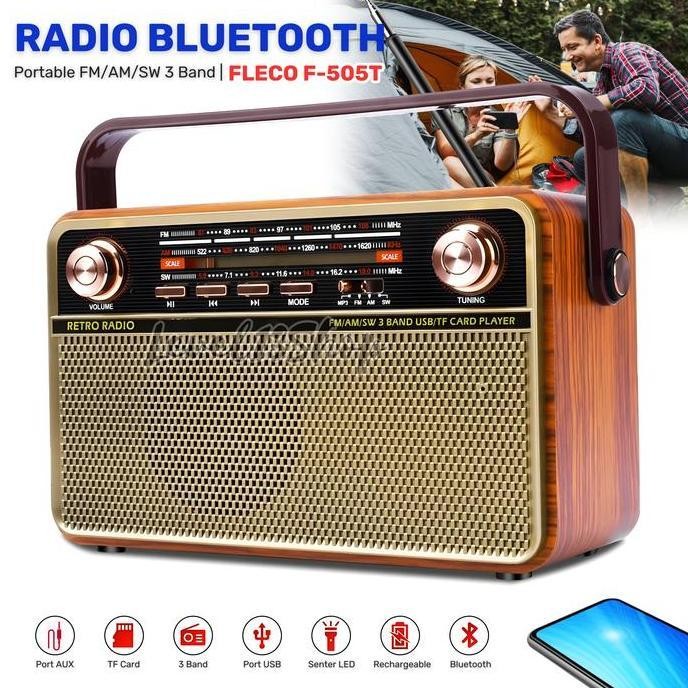 TERLARIS CO Bluetooth speaker radio mendukung FM AM SW USB/TF | FLECO F-505T Radio Klasik Design Jam