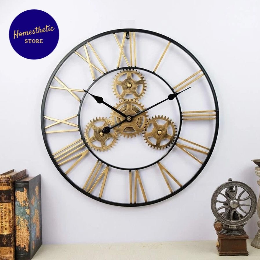Jam Dinding Besi Metal Bulat Vintage Industrial Gear Clock Silent Movement 60cm Bergaya Retro Angka 