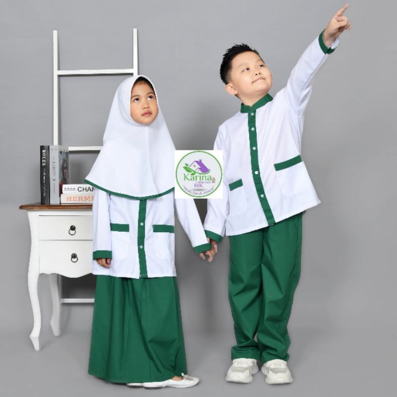 seragam sekolah Madrasah Dan Tk Paud muslim  Perempuan dan laki laki / Gamis sekolah putih hijau fre