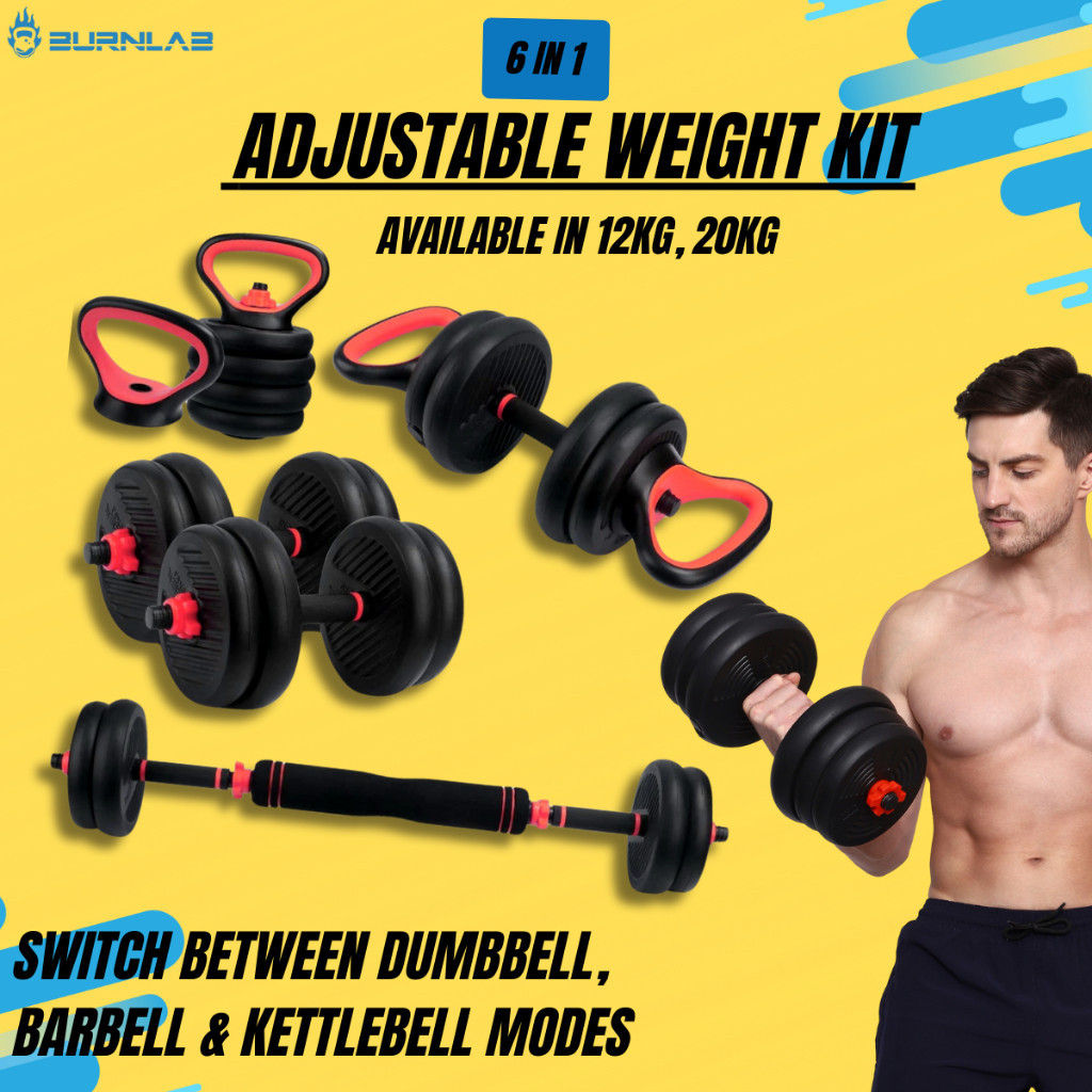 BURNLAB - Dumbbell, Kettlebell, Barbell Convertible Kit|6 in 1 Weight Training kit  - 2KG-20KG|Adjus